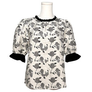 Voy NWT Black White Jacquard Rose Print Puff Sleeve Blouse Small Romantic
